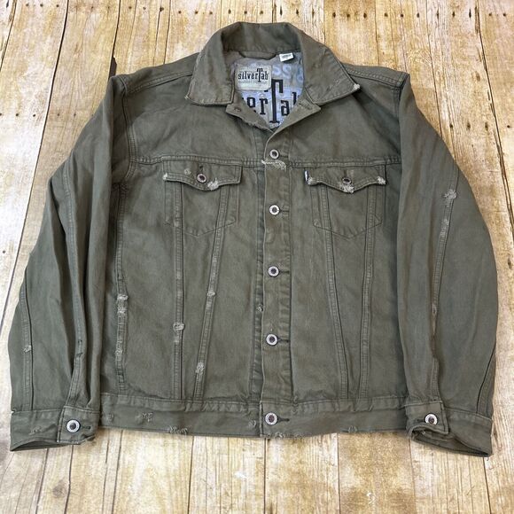 Levis Silvertab Denim Trucker Jacket Olive Drab Green Distressed Large - Picture 1 of 16